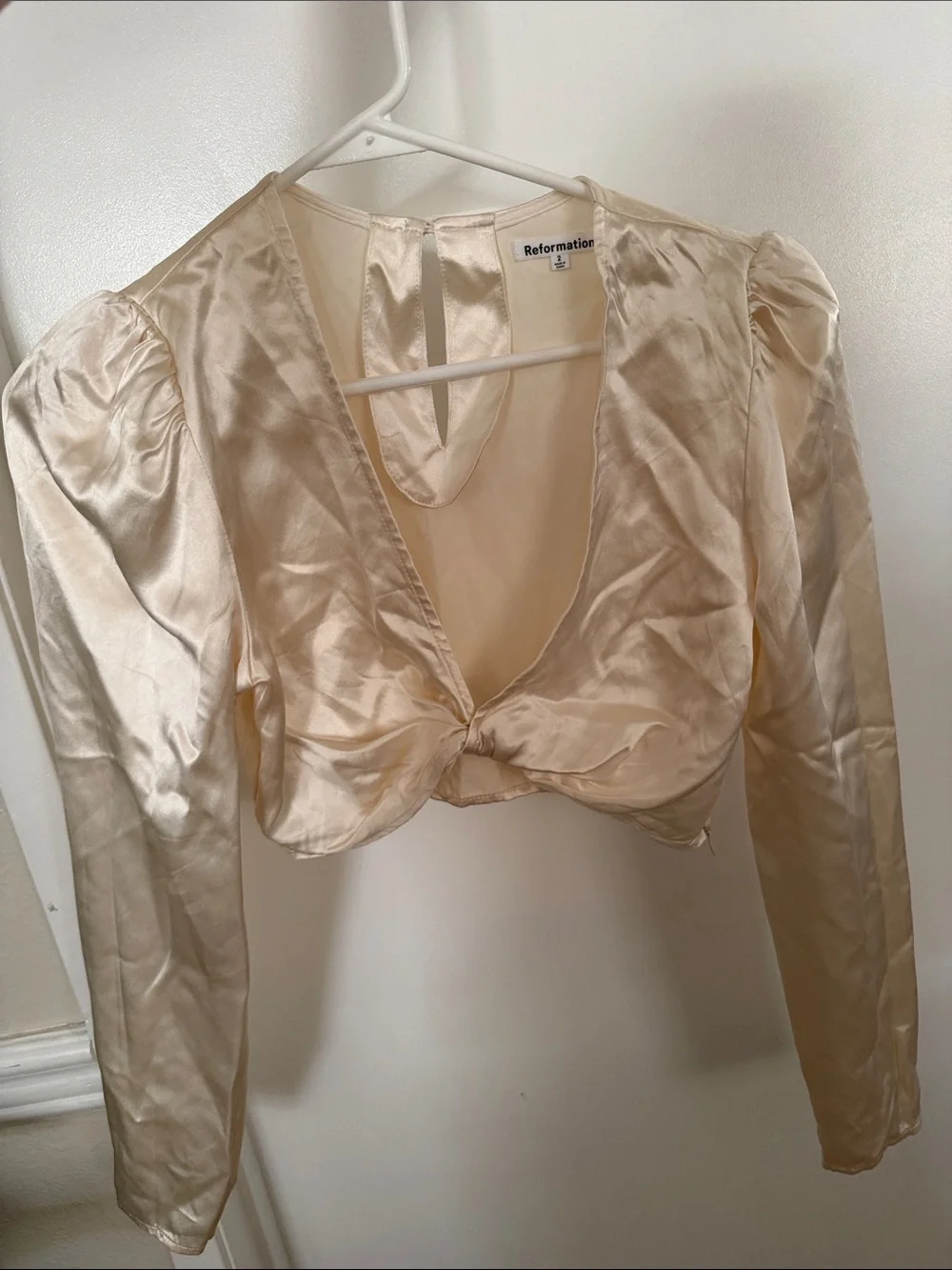 Reformation Cream 100% Silk Long Sleeve Crop Top